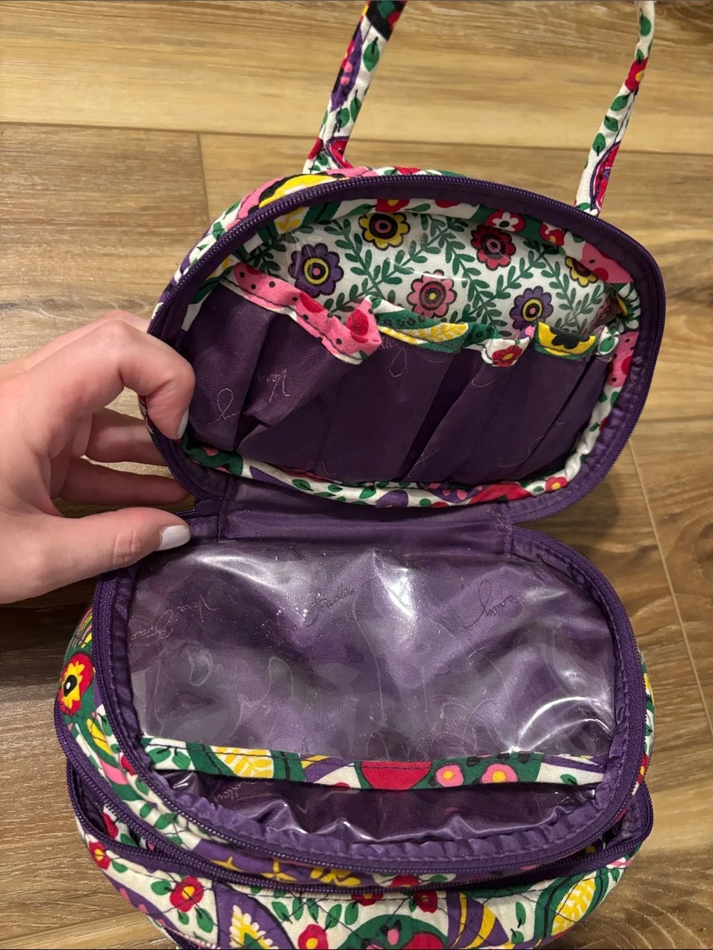 Floral Quilted Multi-Zip Cosmetic Bag - Purple & Green